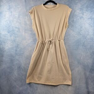 A New Day Womens Small Striped Sleeveless Drawstring Waist Knit Dress Cream Tan